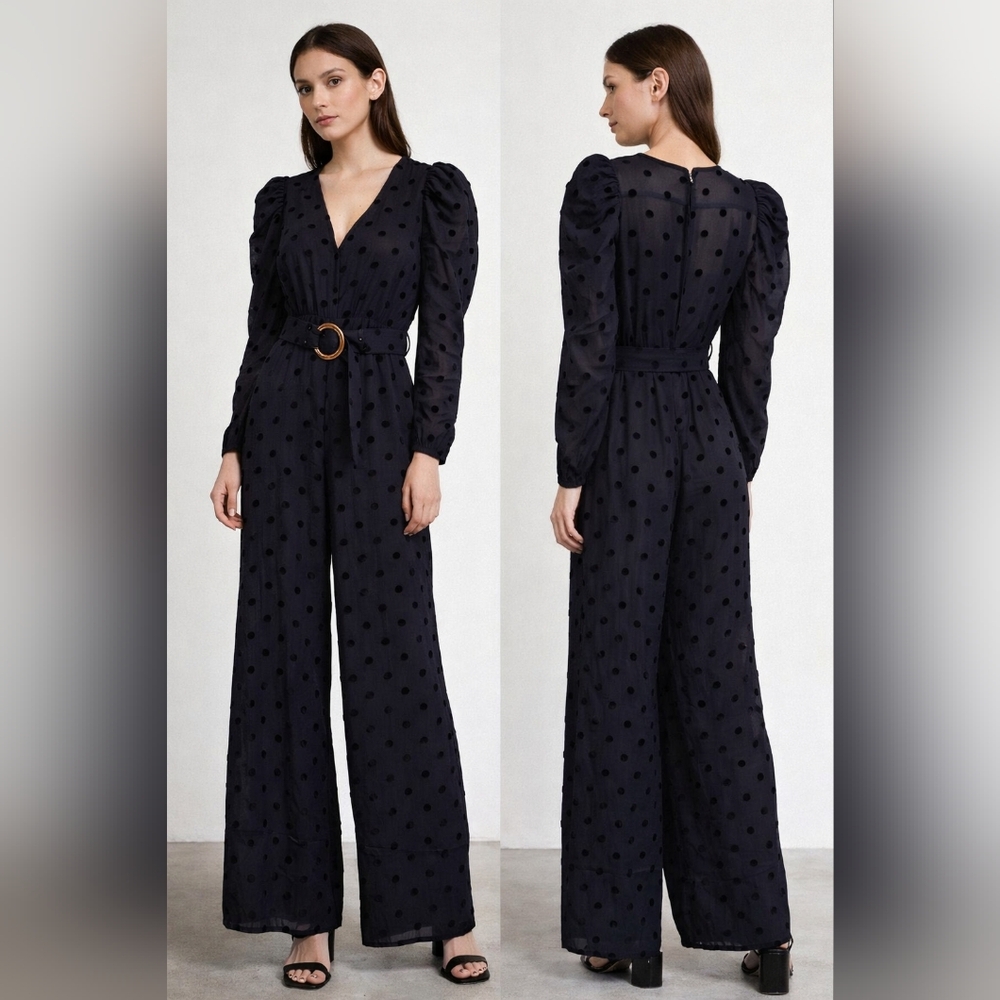 Tularosa Black Polka Dot Jumpsuit XS Sheer Puff Sleeve Belted Wide Leg
